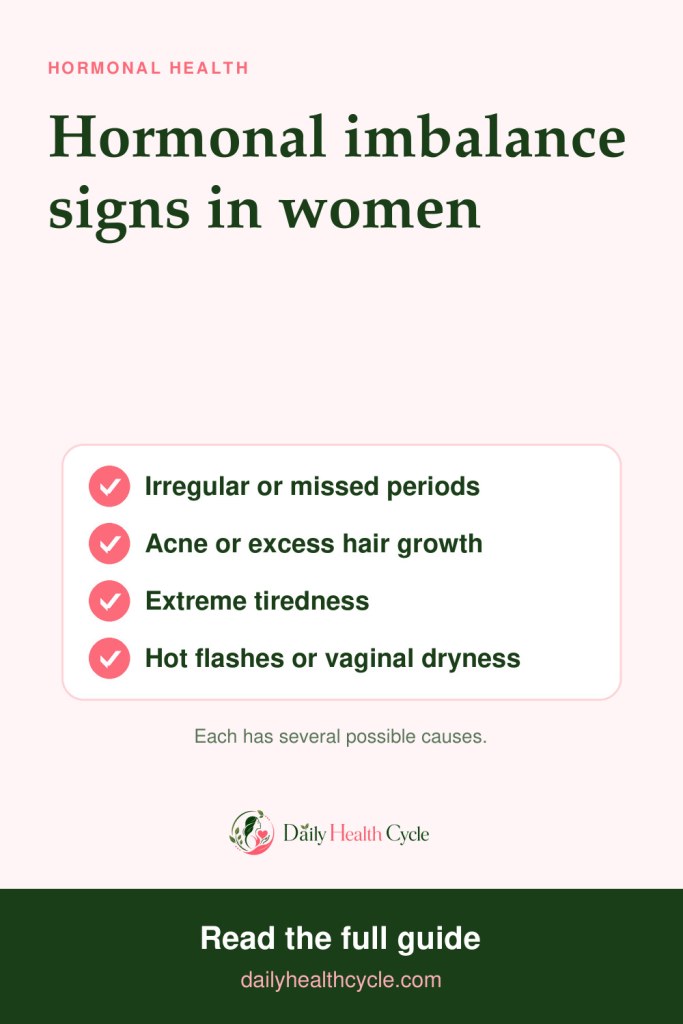 Pinterest pin: common signs of hormonal imbalance in women, including irregular or missed periods, acne or excess hair growth, extreme tiredness, and hot flashes or vaginal dryness