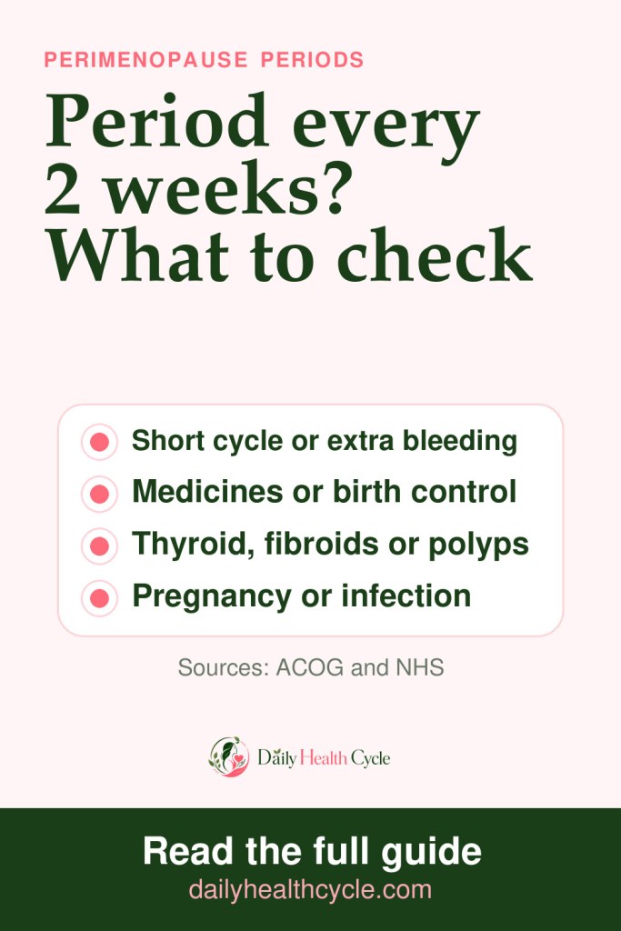 Pinterest pin: what to check if you have a period every 2 weeks in perimenopause, including short cycle versus extra bleeding, medicines or birth control, thyroid, fibroids or polyps, and pregnancy or infection