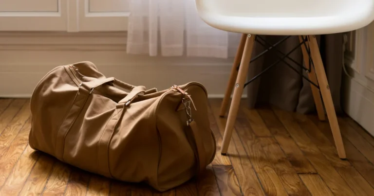 Packed brown weekend bag on a wooden floor next to a chair