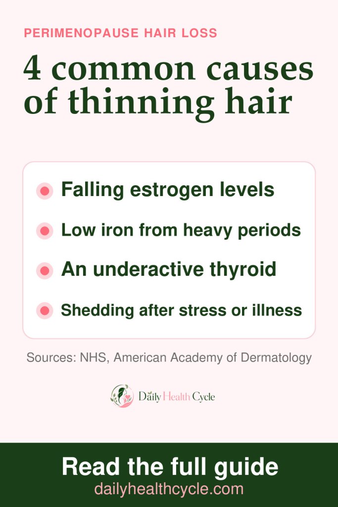 Pinterest pin: 4 common causes of thinning hair in perimenopause, falling estrogen levels, low iron from heavy periods, an underactive thyroid and shedding after stress or illness