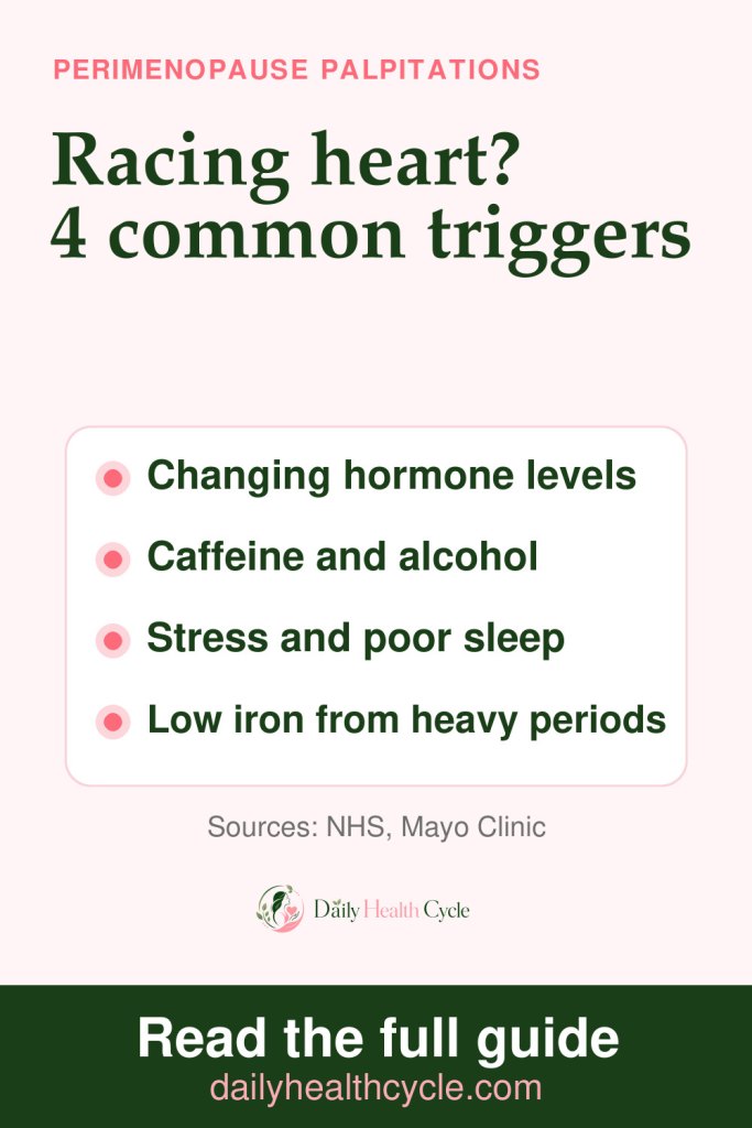Pinterest pin: racing heart in perimenopause? 4 common triggers: changing hormone levels, caffeine and alcohol, stress and poor sleep, and low iron from heavy periods