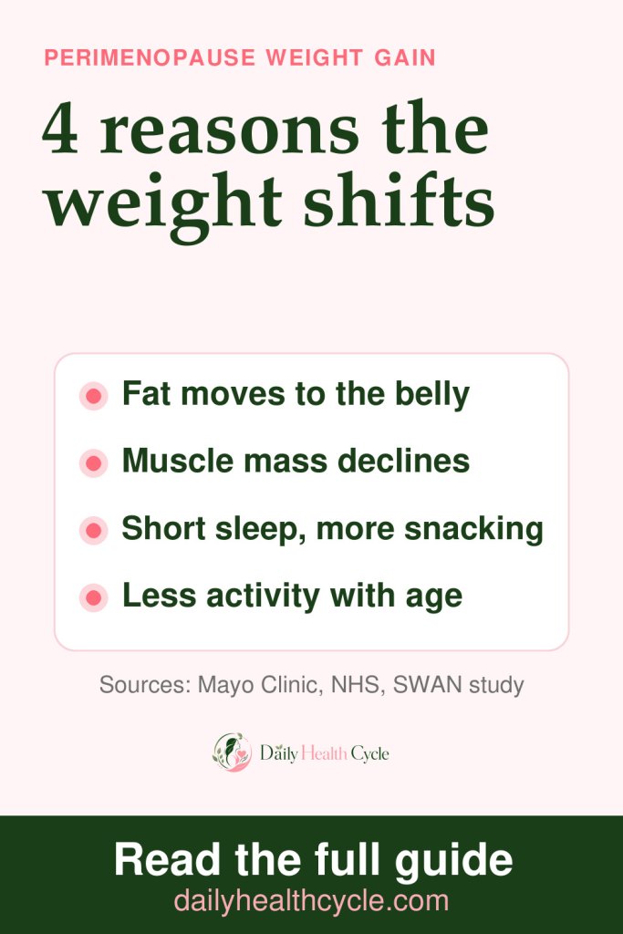 Pinterest pin: 4 reasons the weight shifts in perimenopause: fat moves to the belly, muscle mass declines, short sleep and more snacking, and less activity with age